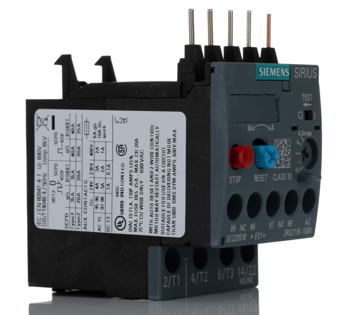 3RU21161GB0 Siemens Siemens 3RU Overload Relay 1NO + 1NC, 4.5 → 6.3