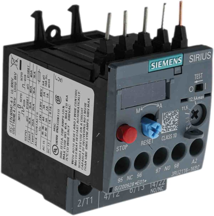 Siemens SIRIUS 3RU2 Thermal Overload Relay 1NO + 1NC, 9 → 12.5 A F.L.C, 12.5 A Contact Rating, 5.5 kW, 3P, SIRIUS