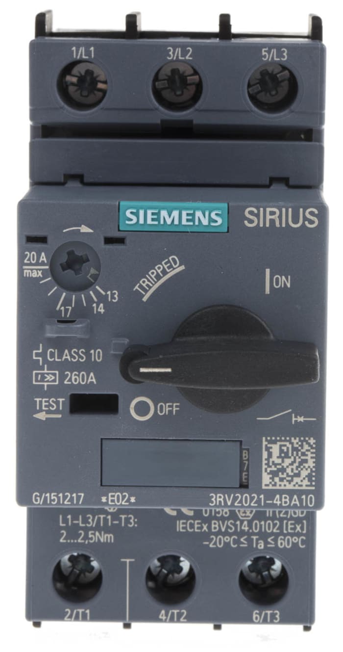 Siemens 14 → 20 A SIRIUS 3RV Motor Protection Circuit Breaker