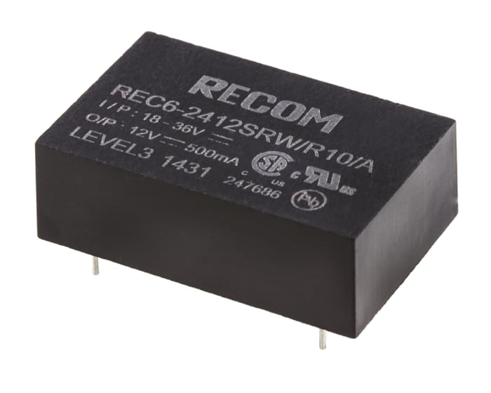 Recom REC6 DC-DC Converter, 12V dc/ 500mA Output, 18 → 36 V dc Input, 6W, Through Hole, +75°C Max Temp -40°C Min