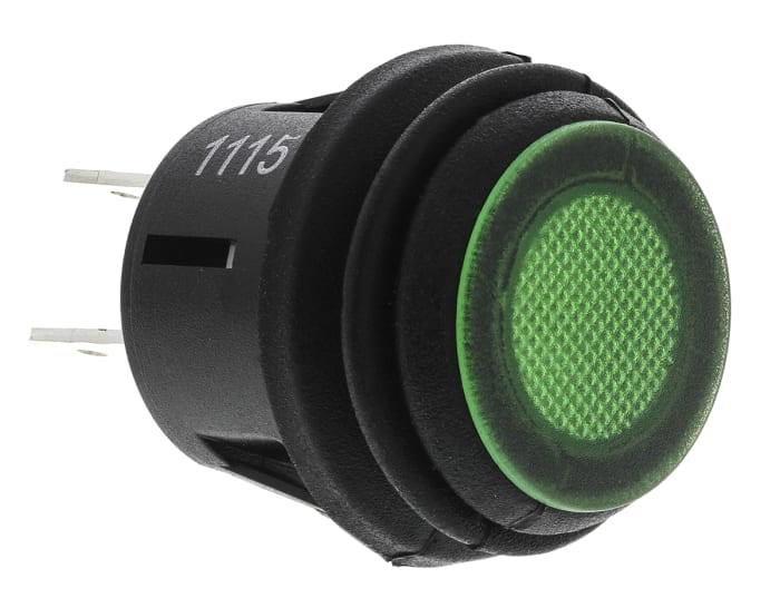 ZF Illuminated Push Button Switch, Latching, Panel Mount, 20.2mm Cutout, DPST, Green LED, 125V ac, IP65
