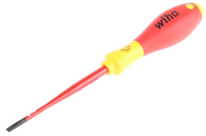 Wiha Slotted Insulated Screwdriver, 4 mm Tip, 100 mm Blade, VDE/1000V, 211 mm Overall
