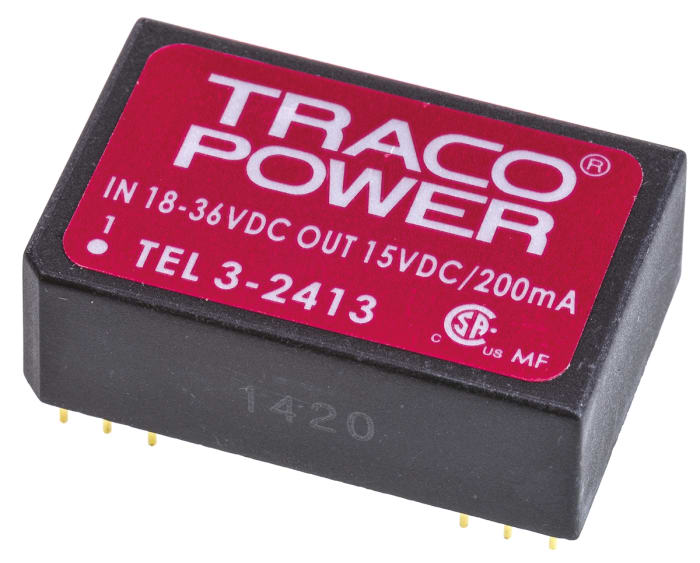 TRACOPOWER TEL 3 DC-DC Converter, 15V dc/ 200mA Output, 18 → 36 V dc Input, 3W, Through Hole, +85°C Max Temp