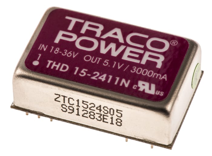 TRACOPOWER THD 15N DC-DC Converter, 5V dc/ 3A Output, 18 → 36 V dc Input, 15W, Through Hole, +85°C Max Temp