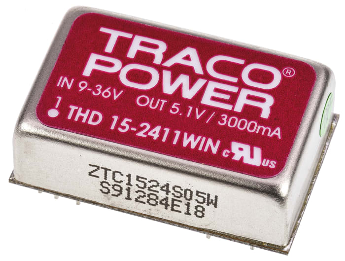 TRACOPOWER THD 15WIN DC-DC Converter, 5.1V dc/ 3A Output, 9 → 36 V dc Input, 15W, Through Hole, +85°C Max Temp