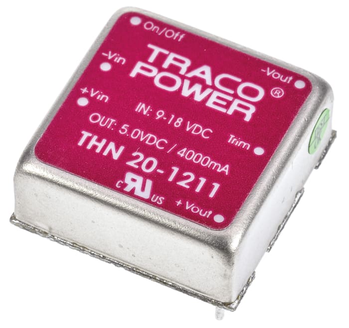 TRACOPOWER THN 20 DC-DC Converter, 5V dc/ 4A Output, 9 → 18 V dc Input, 20W, Through Hole, +75°C Max Temp -40°C