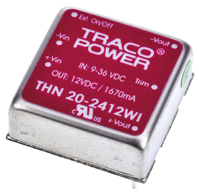 TRACOPOWER THN 20WI DC-DC Converter, 12V dc/ 1.67A Output, 9 → 36 V dc Input, 20W, Through Hole, +85°C Max Temp