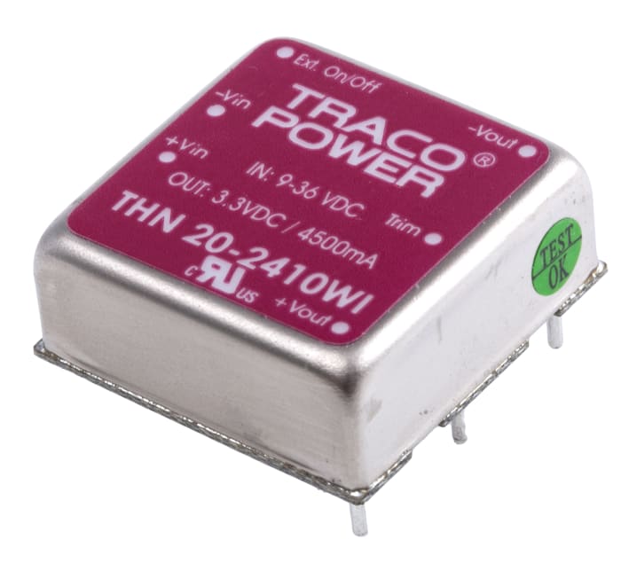TRACOPOWER THN 20WI DC-DC Converter, 3.3V dc/ 4.5A Output, 9 → 36 V dc Input, 20W, Through Hole, +85°C Max Temp