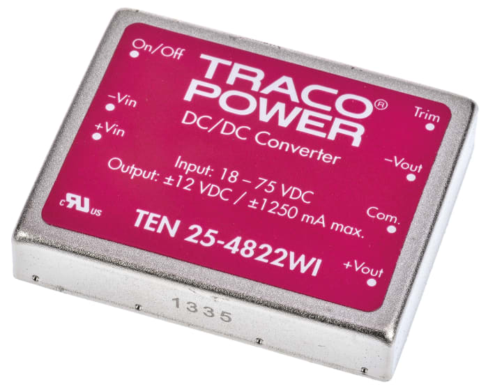 TRACOPOWER TEN 25WI DC-DC Converter, ±12V dc/ ±1.25A Output, 18 → 75 V dc Input, 25W, Through Hole, +85°C Max