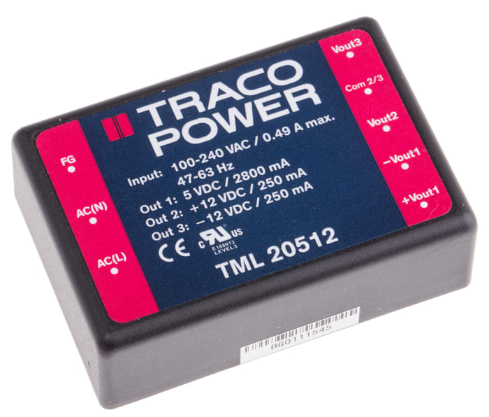 TRACOPOWER Switching Power Supply, TML 20512, 5 V dc, ±12 V dc, 2.8 A, 250 mA, 20W, Triple Output, 100 → 375 V