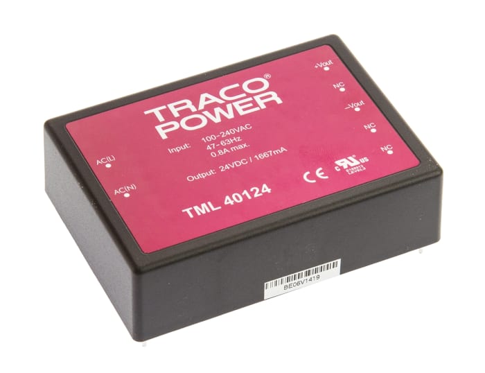 Fuente de alimentación conmutada TRACOPOWER, 24V dc, 1.67A, 40W, 1 salida, Montaje en PCB