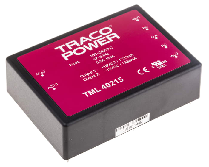 TRACOPOWER Switching Power Supply, TML 40215, ±15V dc, 1.333A, 40W, Dual Output, 100 → 375 V dc, 90 → 264
