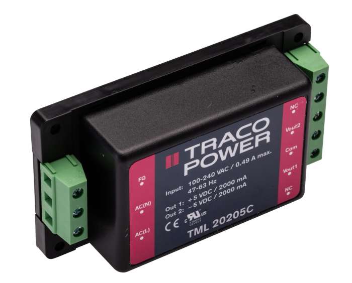 TRACOPOWER Switching Power Supply, TML 20205C, ±5V dc, 2A, 20W, Dual Output, 100 → 375 V dc, 90 → 264 V