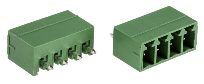 Borne enchufable para PCB Macho Ángulo recto Amphenol FCI de 4 vías, paso 3.81mm, 10A, de color Verde, montaje Montaje
