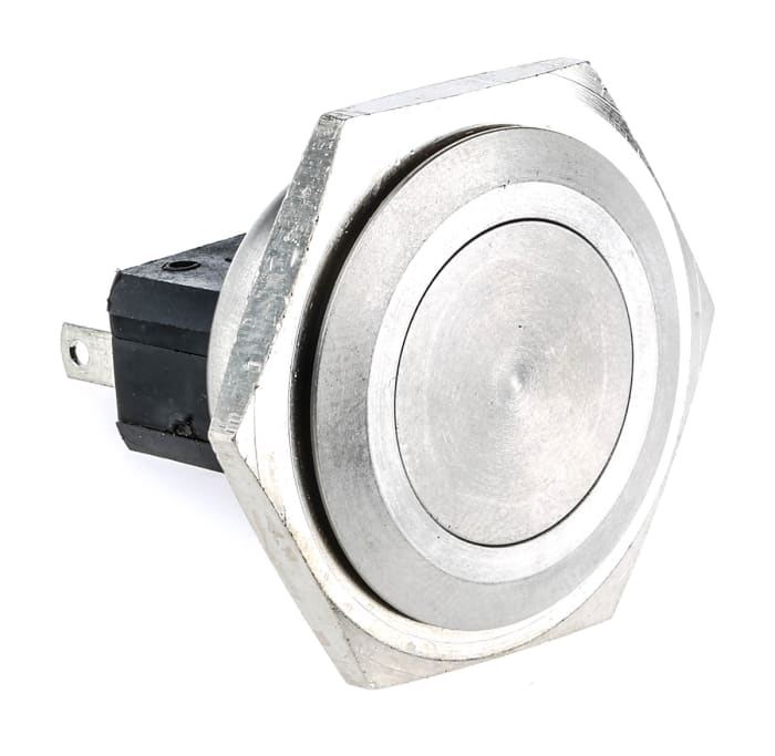 Bulgin Push Button Switch, Momentary, Panel Mount, 25.8mm Cutout, SPST, 250V ac, IP66