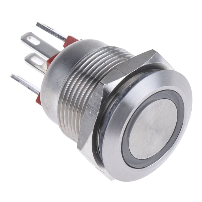 Bulgin MPI002 Series Illuminated Push Button Switch, Momentary, Panel Mount, 19.2mm Cutout, SPST, Red LED, 24V dc, IP66