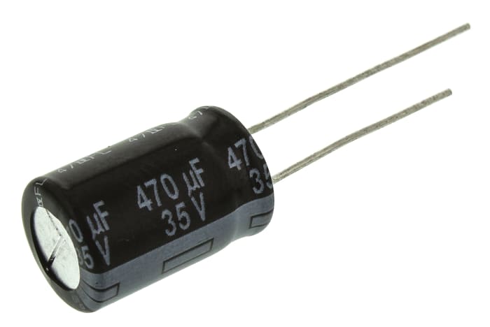 Hliníkový elektrolytický kondenzátor, řada: FR-A 470μF ±20% 35V dc, Radiální, Průchozí otvor Hliníkové elektrolytické