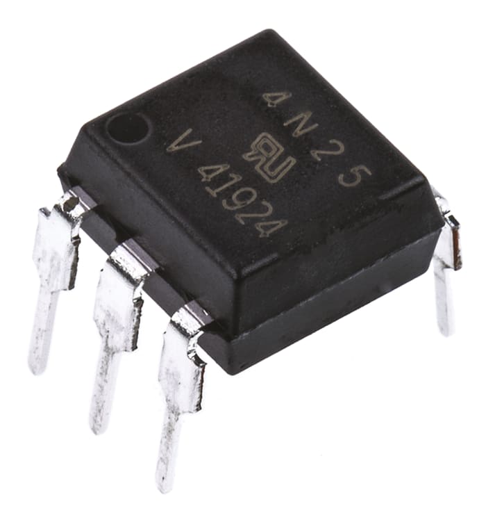Optoacoplador Vishay 4N25 de 1 canal, Vf= 1.5V, Viso= 5000 V ac, IN. DC, OUT. Transistor, mont. pasante, encapsulado