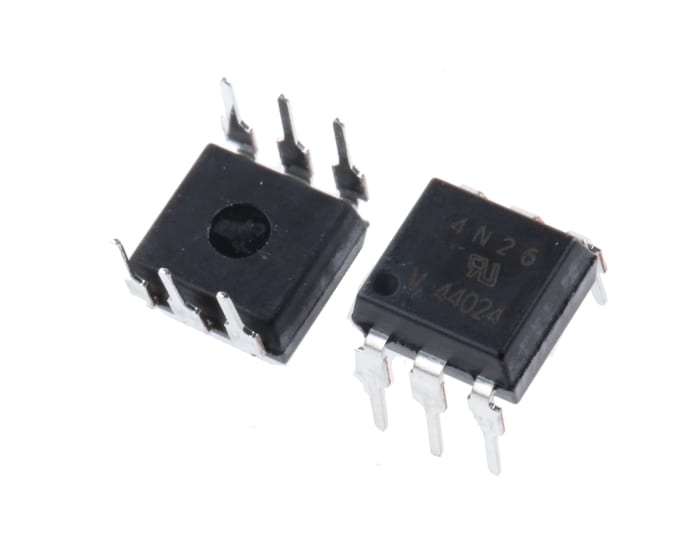 Optoacoplador Vishay 4N26 de 1 canal, Vf= 1.5V, Viso= 5000 V ac, IN. DC, OUT. Transistor, mont. pasante, encapsulado