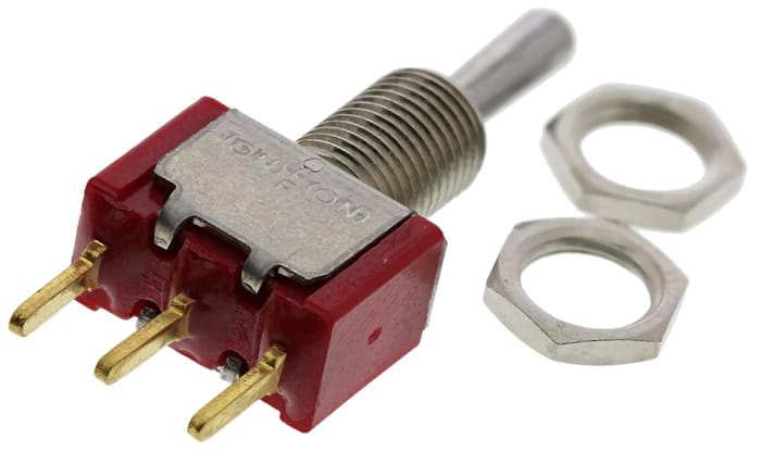 TE Connectivity Toggle Switch, PCB Mount, (On)-Off-(On), SPDT, Through Hole Terminal, 20V