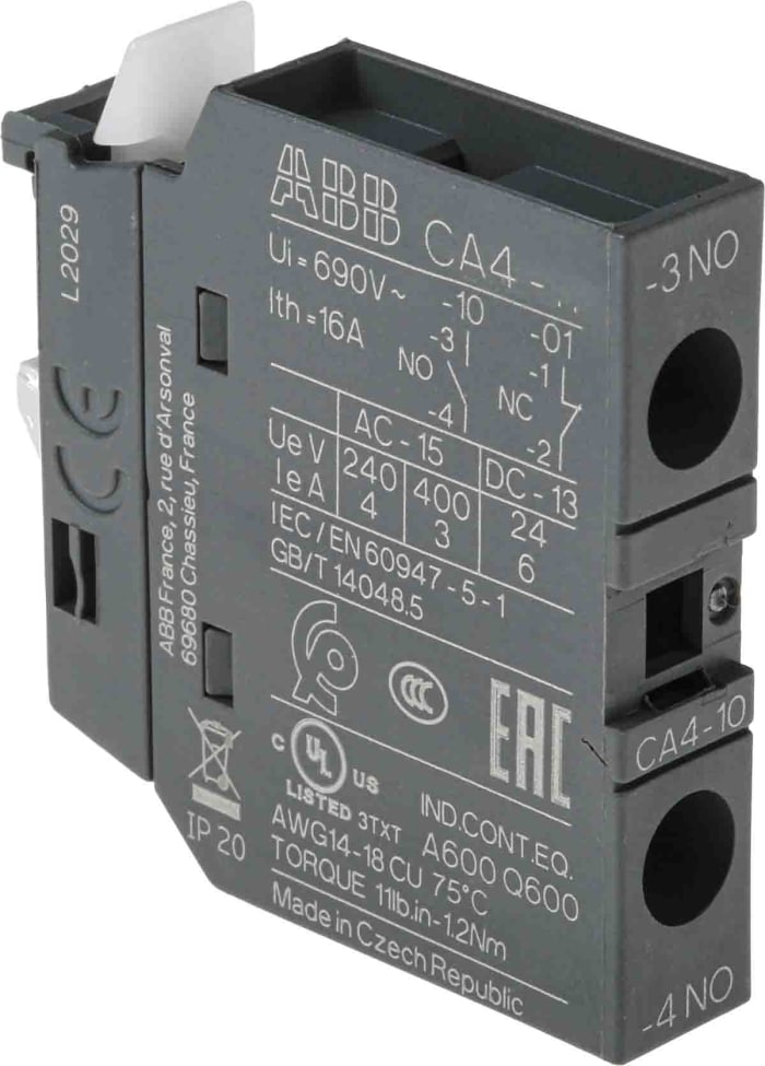 ABB Auxiliary Contact, 1 Contact, 1NO, Front Mount CA4