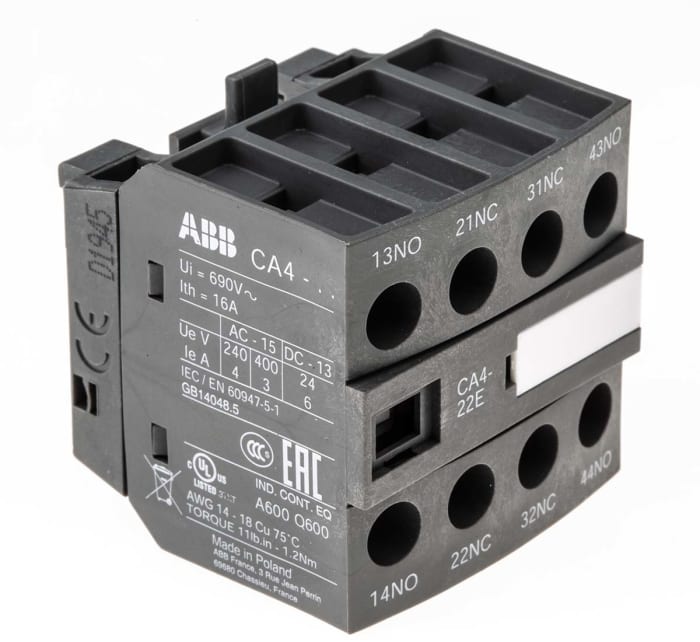 Contacto auxiliar ABB CA4, montaje: frontal, terminal: Tornillo, 2NC + 2NO, 600 Vdc, 690 Vac, 6 A