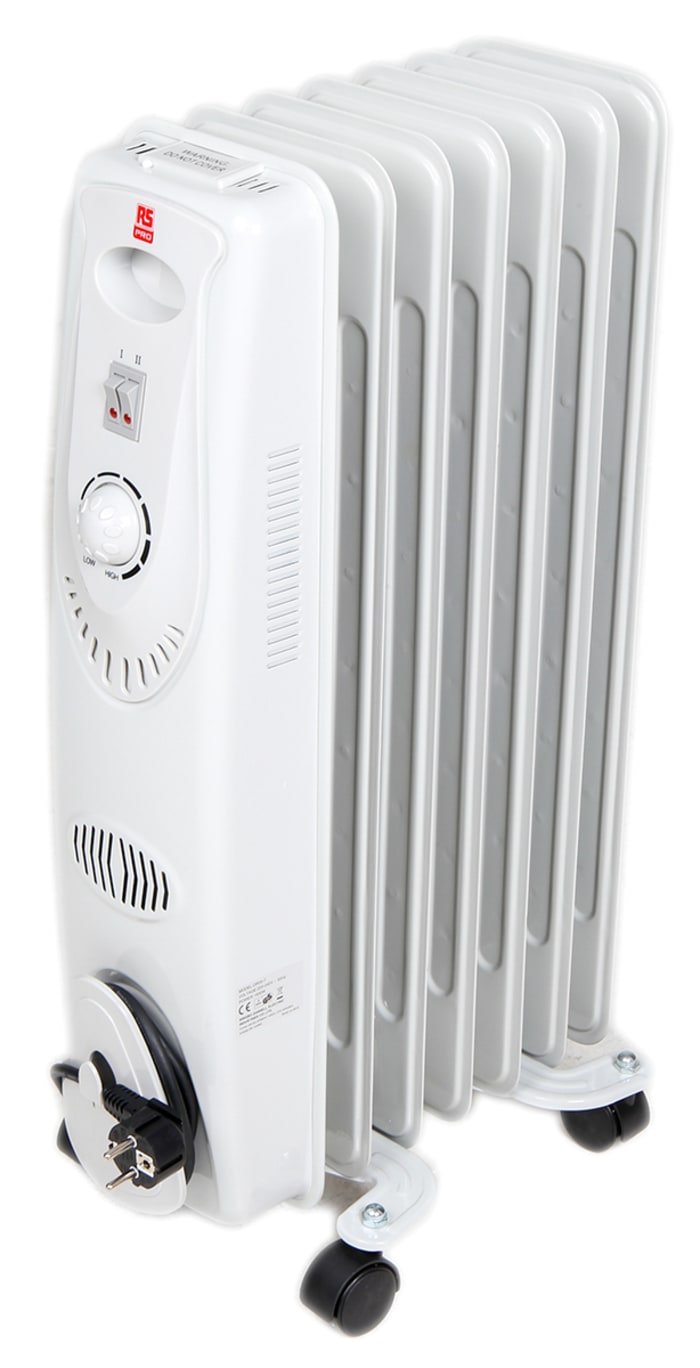 Radiador de aceite RS PRO con 3 niveles de potencia, 1.5kW máx., con termostato, dim. 660 x 370 x 165mm