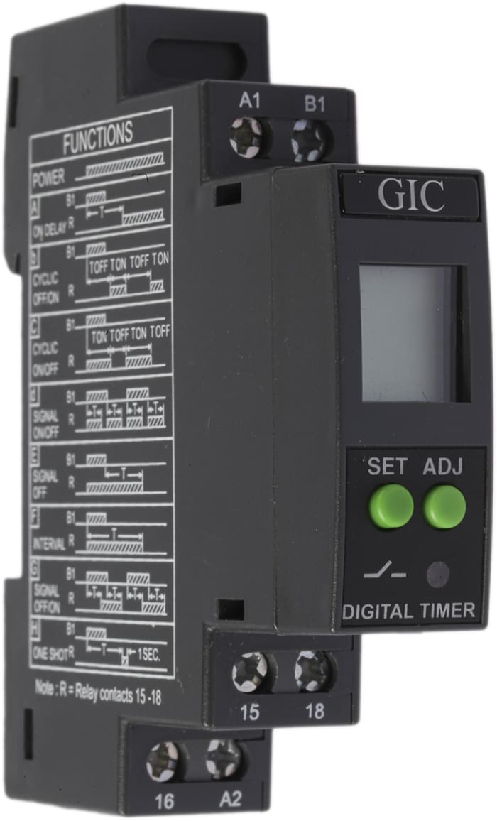 GIC DIN Rail Mount Timer Relay, 24 → 240V ac/dc, 1-Contact, 0.1 s → 999h, SPDT