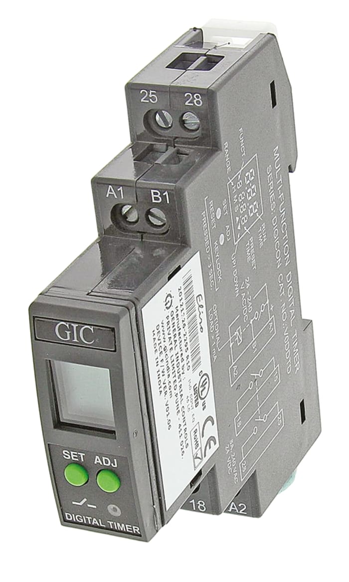 Relais temporisé GIC, 24 → 240V c.a. / V c.c., Rail DIN, 1 contact