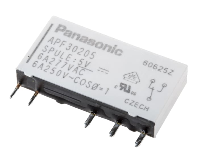 Panasonic SPDT Non-Latching Relay PCB Mount, 5V dc Coil, 6 A