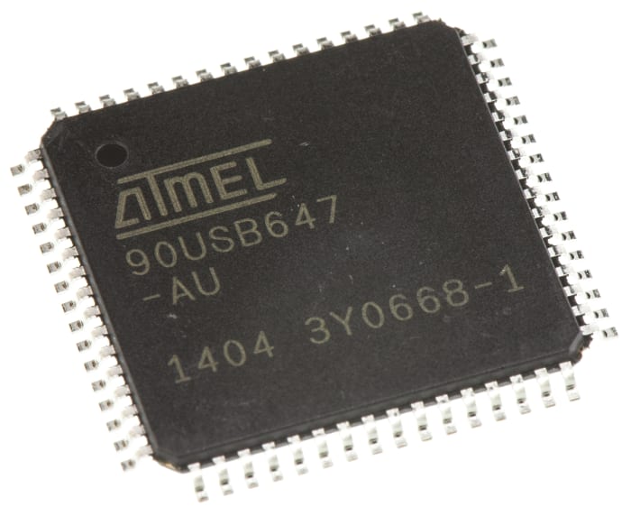 Microchip AT90USB647-AU, 8bit AVR Microcontroller, AT90, 20MHz, 2 kB, 64 kB Flash, 64-Pin TQFP