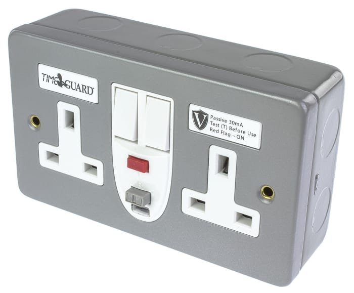 Theben / Timeguard Valiance 13A, BS Fixing, Passive, 2 Gang RCD Socket, Steel, Surface Mount , Switched, 230 V ac,