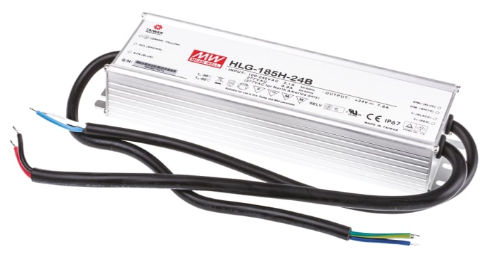 Driver LED corriente constante MEAN WELL de salidas, IN: 127 → 370 V dc, 90 → 264 V ac, OUT: 24V, 7.8A,