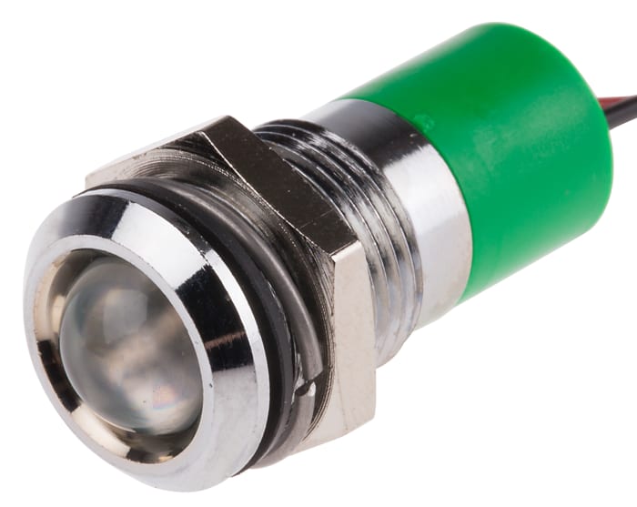 RS PRO Green Panel Mount Indicator, 110V ac, 14mm Mounting Hole Size, Lead Wires Termination, IP67