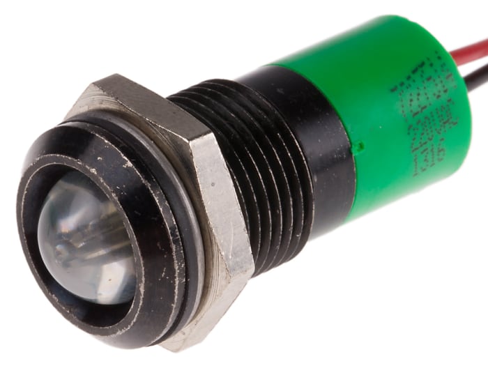 RS PRO Green Panel Mount Indicator, 220V ac, 14mm Mounting Hole Size, Lead Wires Termination, IP67
