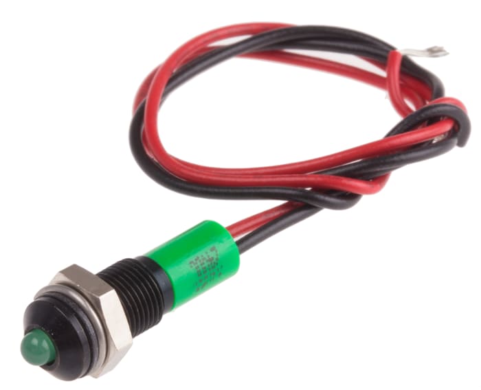RS PRO Green Panel Mount Indicator, 24V dc, 6mm Mounting Hole Size, Lead Wires Termination, IP67