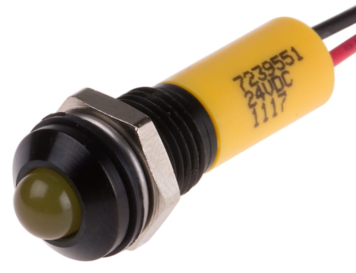 RS PRO Yellow Panel Mount Indicator, 24V dc, 8mm Mounting Hole Size, Lead Wires Termination, IP67
