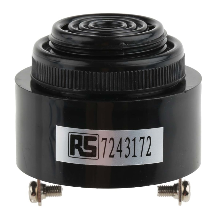 RS PRO 97dB Panel Mount Continuous Internal Piezo Buzzer, 43 (Dia.) x 20mm, 4V dc Min, 28V dc Max