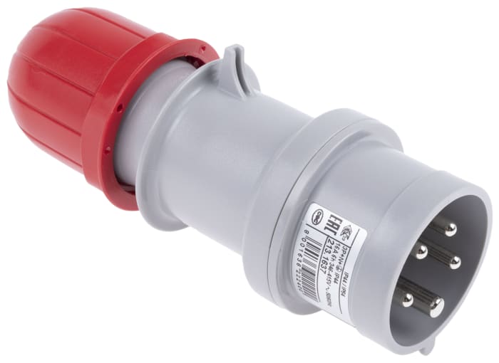 Conector de potencia industrial Macho, Formato 3P + N + E, Orientación Recto, Rojo, 415 V, 16A, IP44