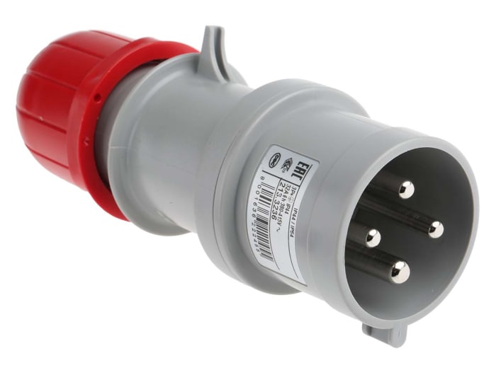 Conector de potencia industrial Macho, Formato 3P + E, Orientación Recto, Rojo, 415 V, 32A, IP44