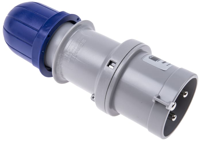 Conector de potencia industrial Macho, Formato 2P + E, Orientación Recto, Azul, 230 V, 32A, IP44
