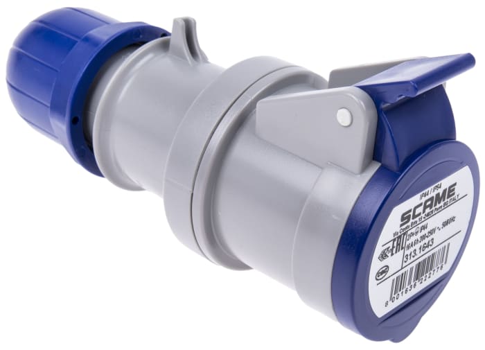 Conector de potencia industrial Hembra, Formato 2P + E, Orientación Recto, Azul, 230 V, 16A, IP44