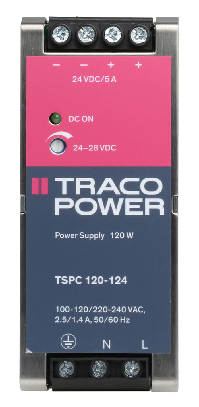 TRACOPOWER 264 V ac Switched Mode DIN Rail Power Supply, 85 → 264V ac ac Input, 24V dc dc Output, 5A Output, 120W
