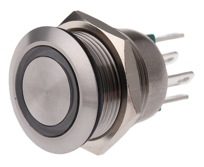 Interruptor de Botón Pulsador Bulgin MPI002, color de botón Plata, SPST, acción momentánea, 50 mA a 24 V dc, 24V dc,