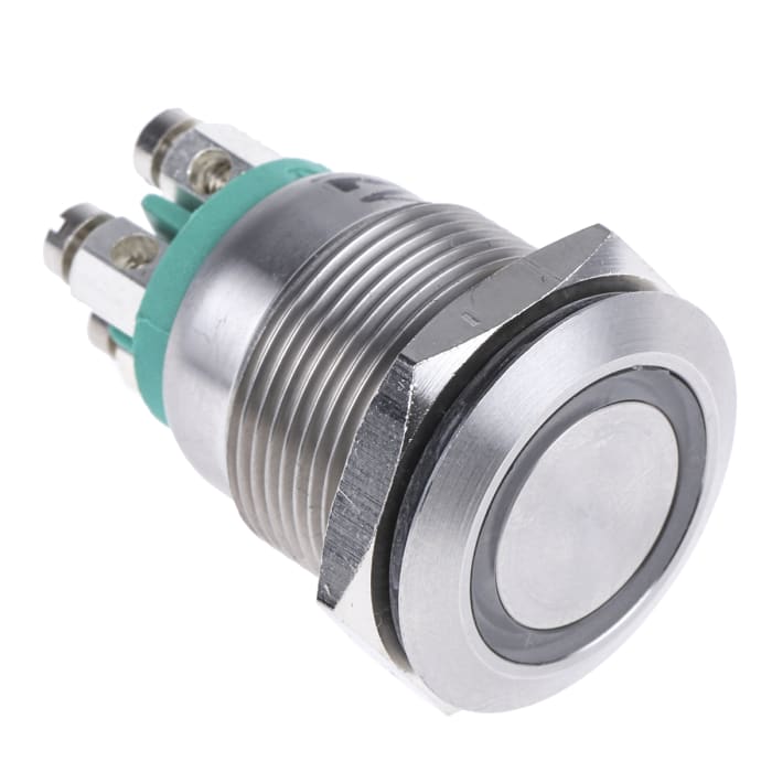 Bulgin MPI002 Series Illuminated Push Button Switch, Momentary, Panel Mount, 19.2mm Cutout, SPST, Green LED, 12V dc,
