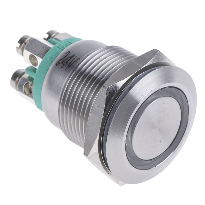 Bulgin MPI002 Series Illuminated Push Button Switch, Momentary, Panel Mount, 19.2mm Cutout, SPST, Green LED, 24V dc,