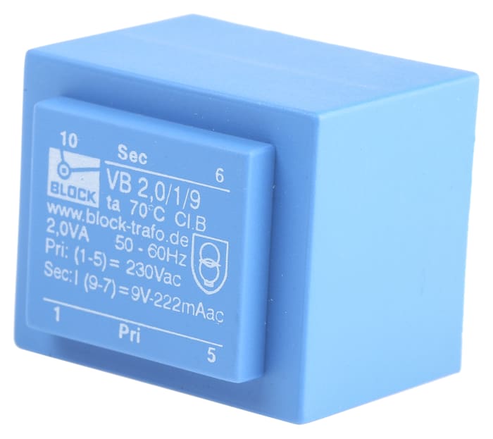 Block 9V ac 1 Output Through Hole PCB Transformer, 2VA
