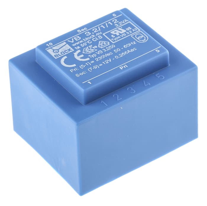 Block 12V ac 1 Output Through Hole PCB Transformer, 3.2VA
