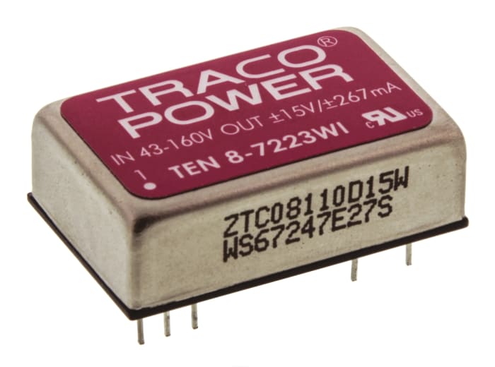 TRACOPOWER TEN 8WI DC-DC Converter, ±15V dc/ ±267mA Output, 43 → 160 V dc Input, 8W, Through Hole, +85°C Max