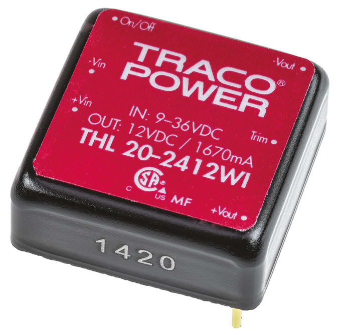 TRACOPOWER THL 20WI DC-DC Converter, 12V dc/ 1.67A Output, 9 → 36 V dc Input, 20W, Through Hole, +85°C Max Temp